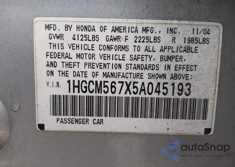 2005 Honda Accord 2.4 Ex z USA, uszkodzony, nr VIN 1HGCM567X5A045193
